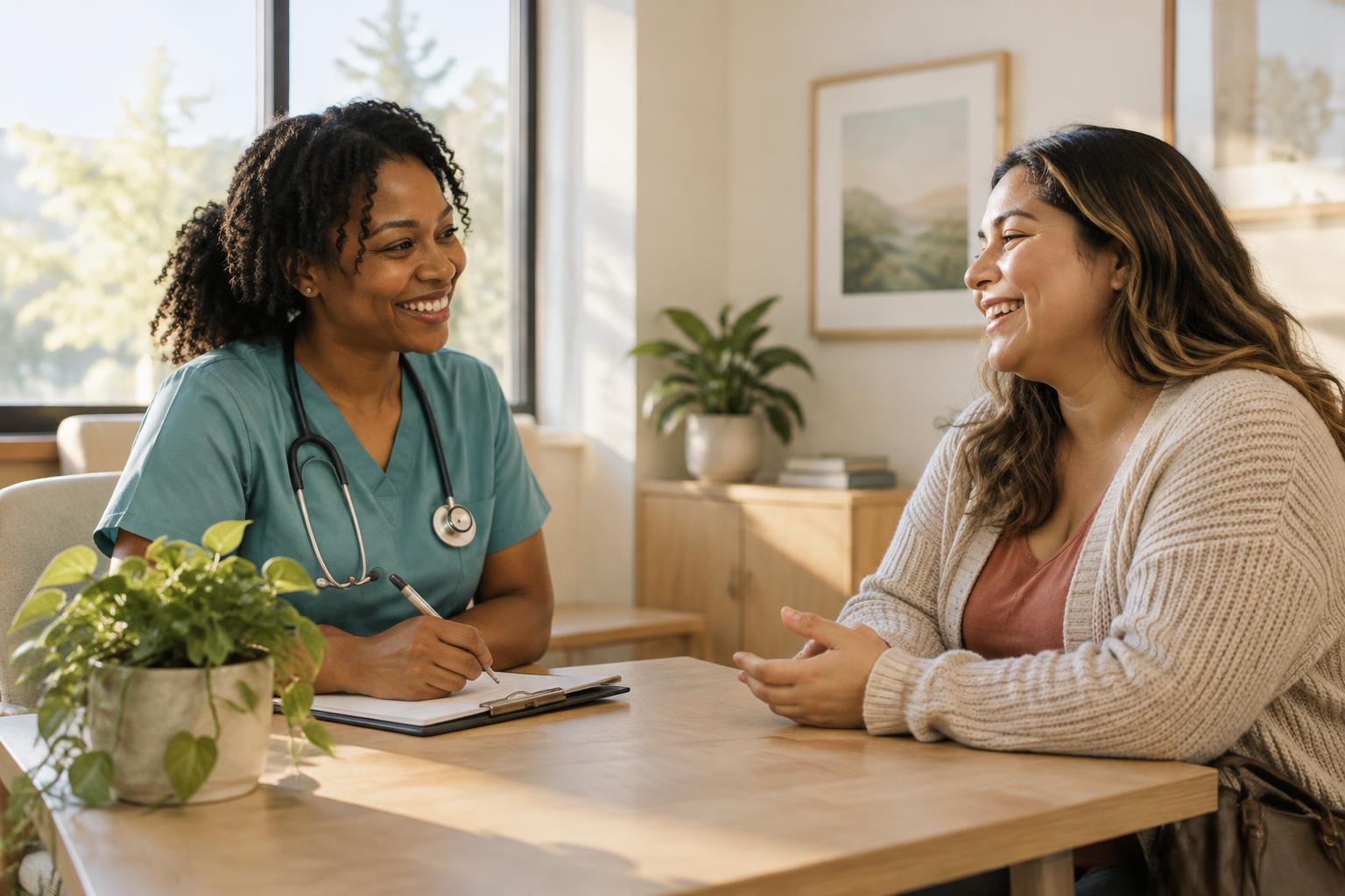 A healthcare professional and a patient in conversation in an outpatient care setting